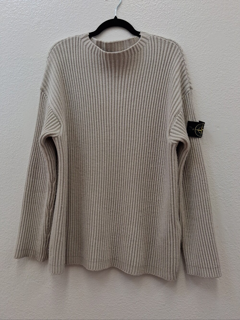 STONE ISLAND Knit Wool Sweater Men's Ribbed Oatmeal Knitwear Size Large